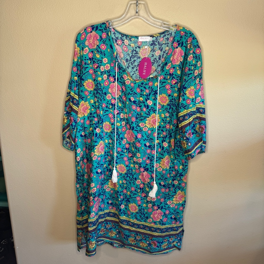 NWT Halife Women’s Floral Beach Cover Up Tunic Size Large with Tassels